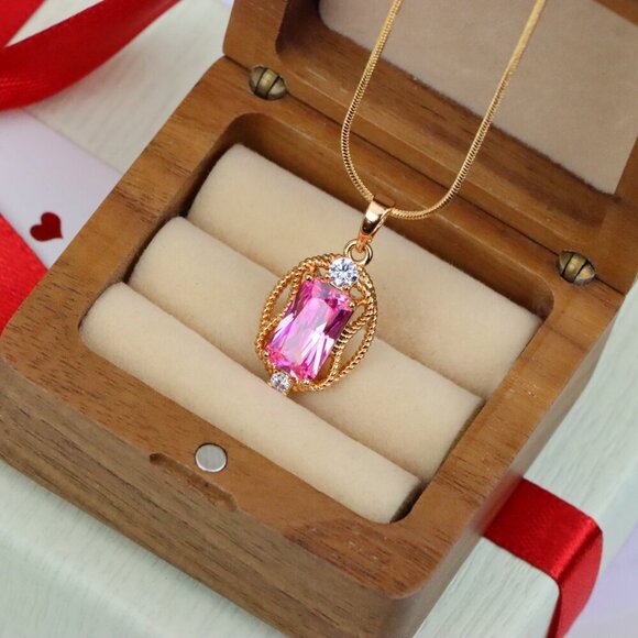 "Pink Rectangle Pendant with Gold Plated Brass and Crystal Accents, XPPT1681 - Picture 8 of 13